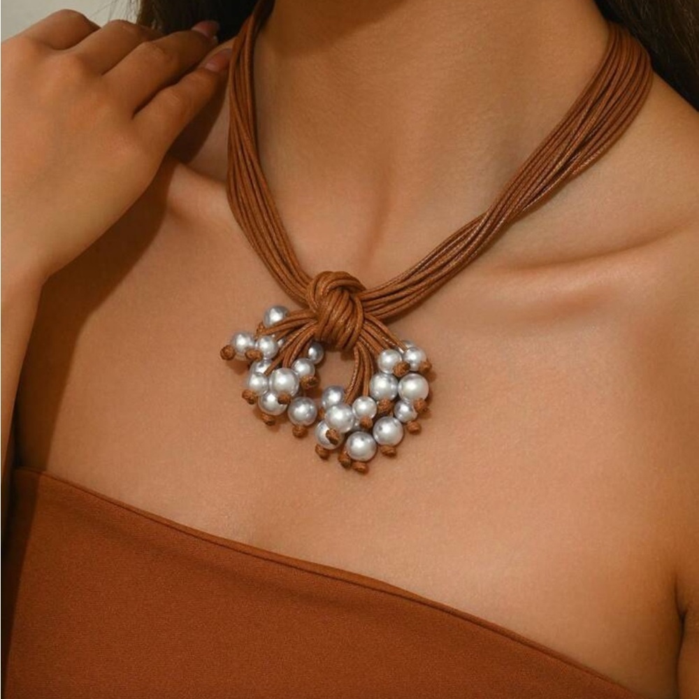 Zara Luxe Brown Cord Pearl Knot